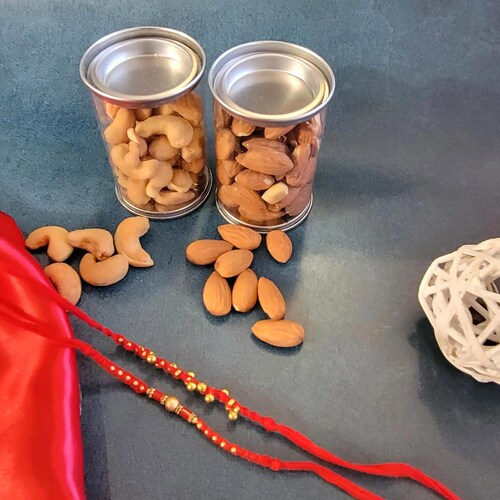 Buy Two Red Designer Rakhi Set With Cashew And Almonds 100Gm Each