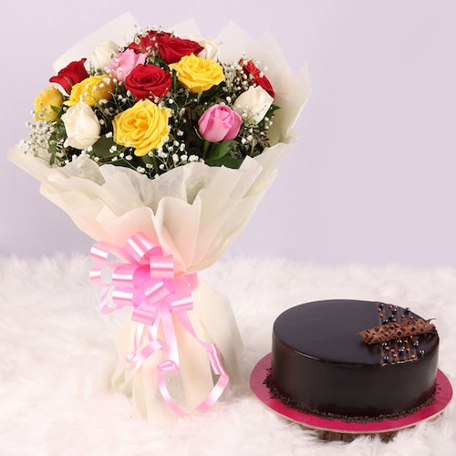 Buy Mix Flowers with Chocolate cake