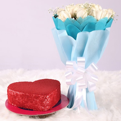 White Roses With Red Velvet Combo