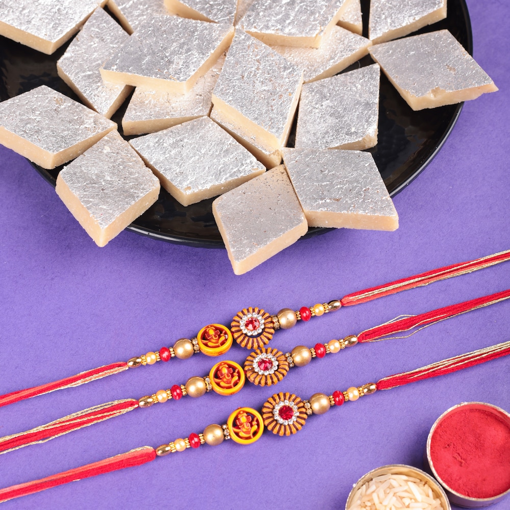 Red Stone Set Of 3 Rakhi With Kaju Katli | Winni