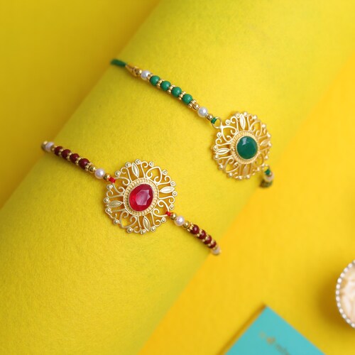 Buy Red And Green Kundan Set Of 2 Rakhis