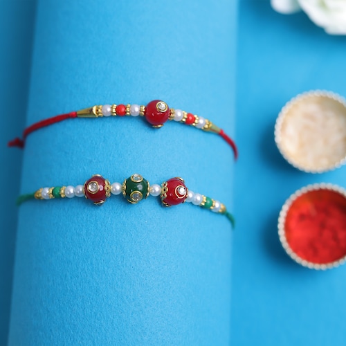 Buy Red N Green Kundan Beads Set Of 2 Rakhis