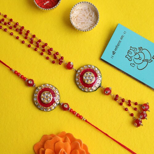 Buy Bhaiya Bhabhi Red Meenakari Jewellery Rakhi Set
