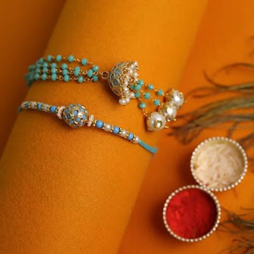 Buy Bhaiya Bhabhi Blue Pearl Kundan Rakhi Set