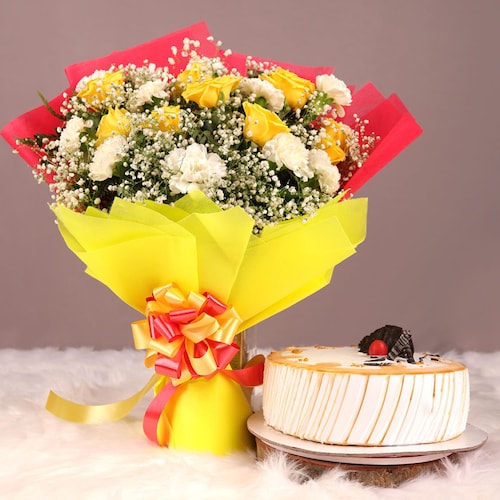 Buy Yellow Mix Carnation With Cake