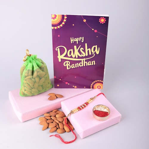 Buy Pearl Rakhi With Almond 100 gm Greeting Card Combo