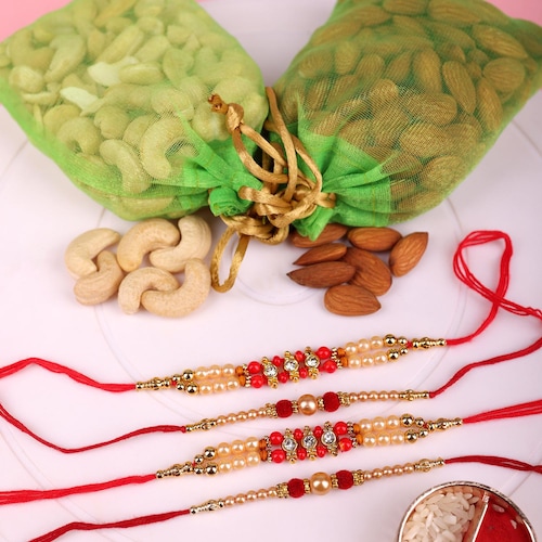 Buy Set Of 4 Beads Rakhi With Dry Fruits Combo