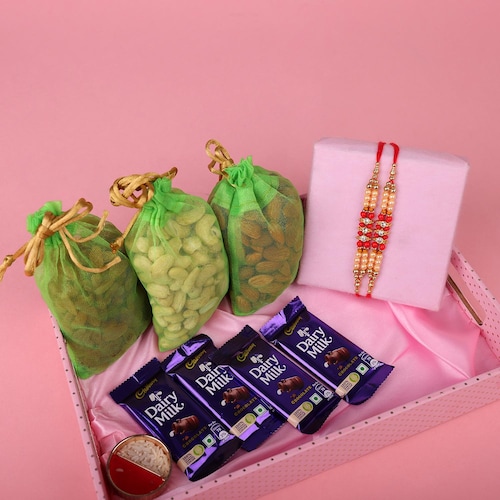 Buy Set Of 2 Rakhi With Chocolate And Dry Fruits Hamper