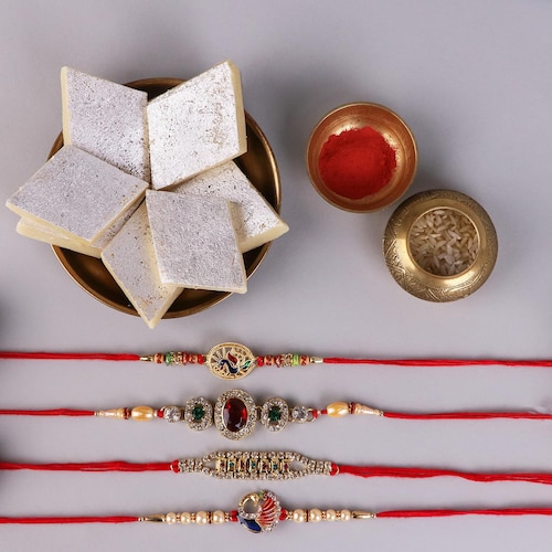 Buy Set Of 4 Mix Design  Rakhi With Kaju Katli