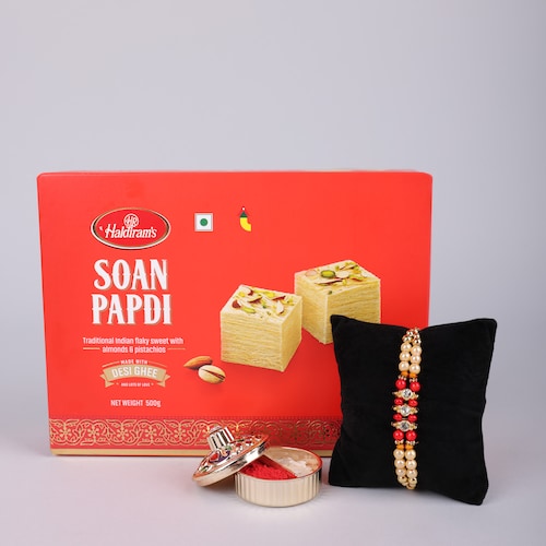 Buy Single Double Layered Pearl Rakhi With Soan Papdi