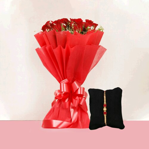 Buy Red Flower Bouquet With Pearl Rakhi