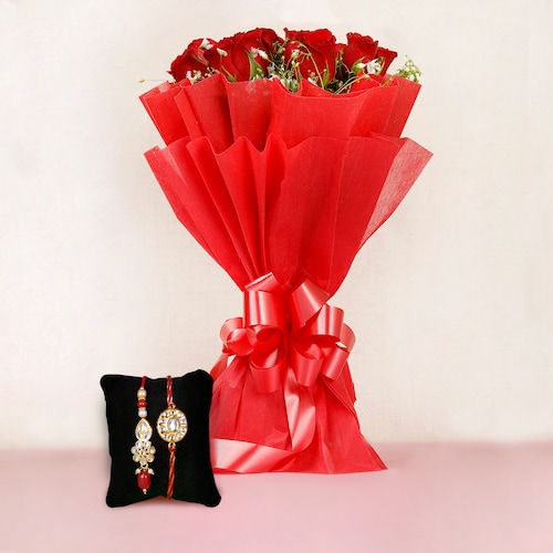 Buy 10 Red Roses Bouquet With Bhaiya Bhabhi Rakhi