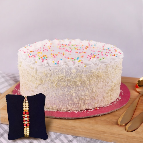 Buy Soft Vanilla Cake With Two Layer Beads Rakhi For Bro