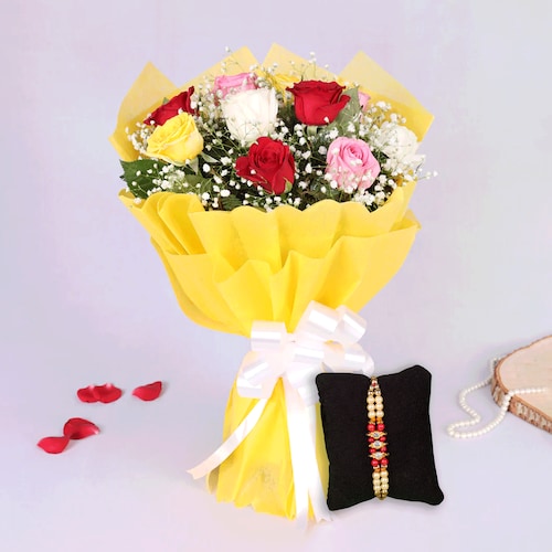 Buy Mix Flower Bouquet With Rakhi For Brother