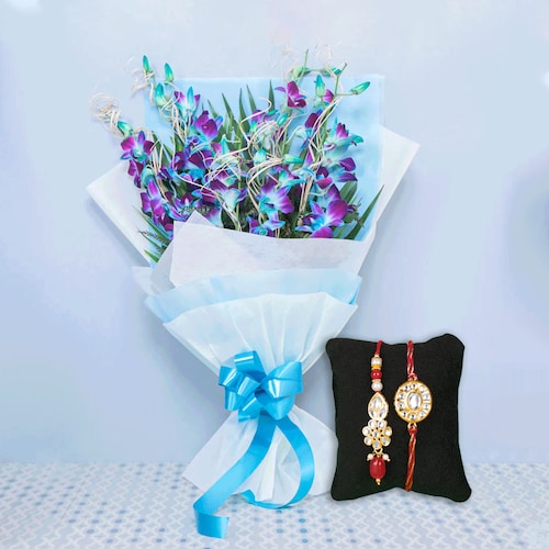 Buy Vibrant Blue Orchids Bouquet And Bhaiya Bhabhi Rakhi