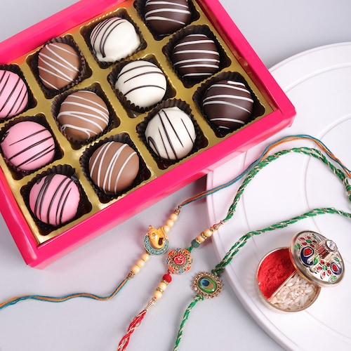 Buy Set Of 3 Rakhi N Truffle Chocolate Box 12 Pc