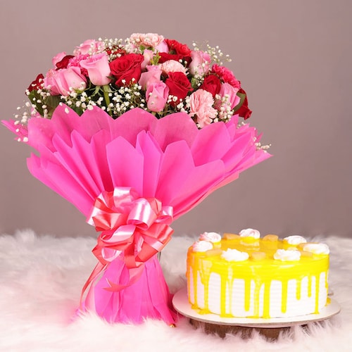 Buy Mix Roses With Cake Combo