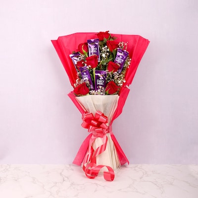 8 Red Roses With 5 Cadbury Dairy Milk Chocolates