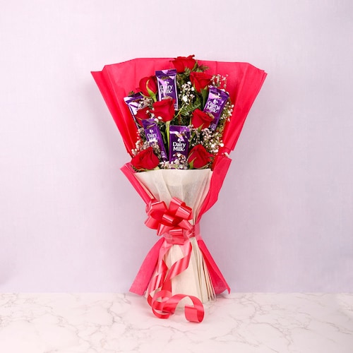 Buy 8 Red Roses With 5 Cadbury Dairy Milk Chocolates
