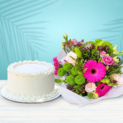 Buy Lovely Mixed Flowers With Vanilla Cake