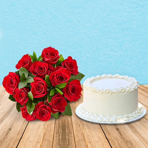 Buy Sweet Vanilla Cake With Dozen Roses