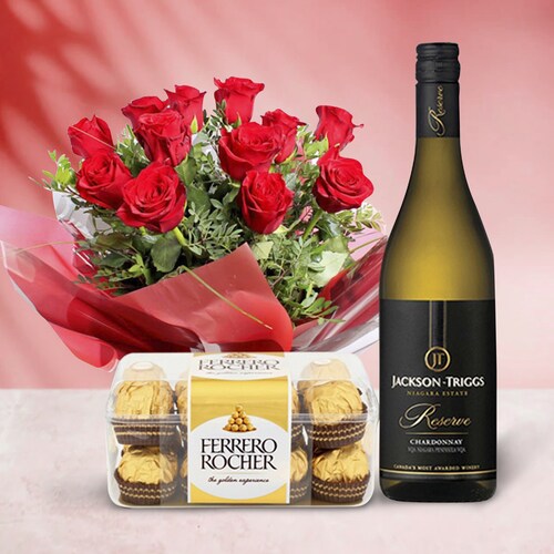 Buy White Wine And Roses With Choco Combo