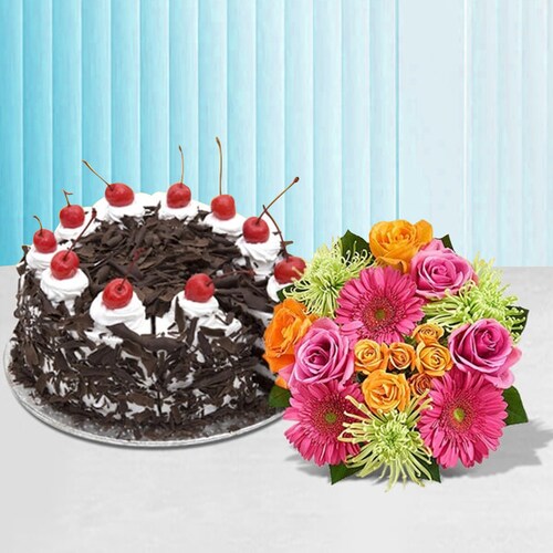 Buy Black Forest Cake With Mix Flowers Combo