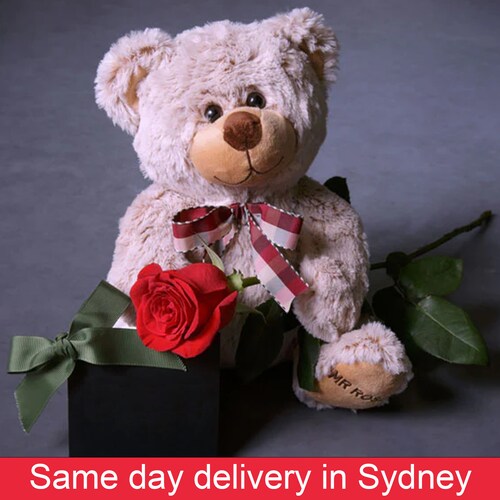 Buy Cute Teddy With Single Rose