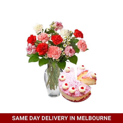 Buy Mixed Carnations With Raspberry Cake