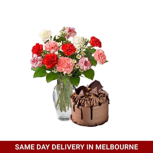 Buy Mixed Carnations With Mini Chocolate Toblerone Cake