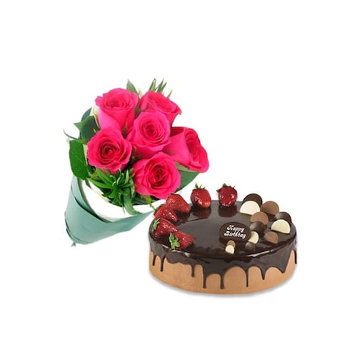 Buy Choco Strawberry Cake With Pink Roses