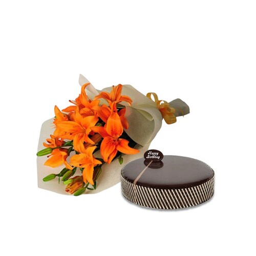 Buy Chocolate Mud Cake With Orange Lilies