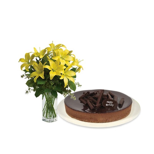 Buy Lilies Bouquet With Chocolate Cheesecake