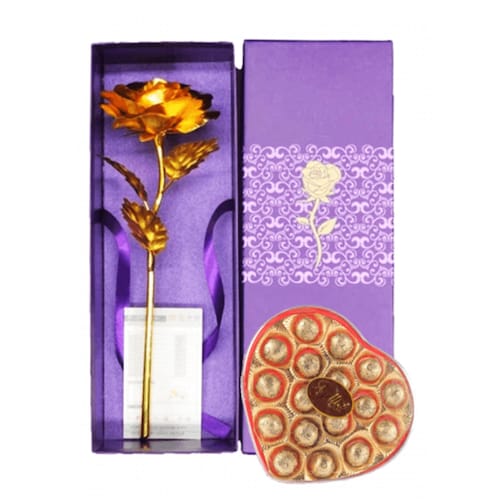 Buy Valentine Golden Rose And Chocolate