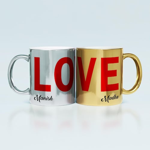 Buy Love Silver And Golden Personalized Couple Mugs