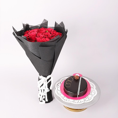 Buy Magical Red Rose Bouquet And Chocolate Cake Combo