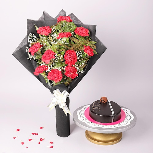 Buy Luxury Carnations Bouquet And Chocolate Cake Combo