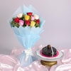 Buy Colorful Roses Bouquet And Chocolate Cake Combo