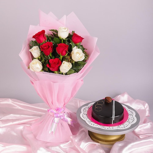 Buy Roses Bouquet And Chocolate Cake Combo