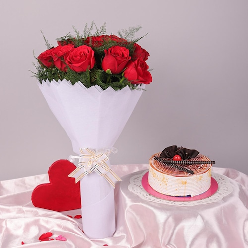 Buy Love Red Roses Bouquet And Chocolate Cake Combo