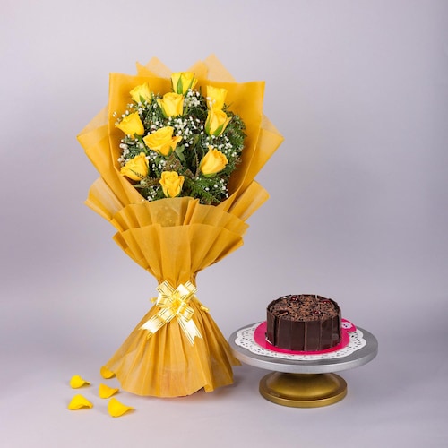 Buy Sunlit Yellow Roses Bouquet And Blackforest Cake Combo