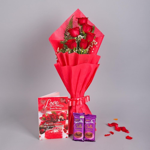 Buy Floral Roses Bouquet And Chocolate Combo