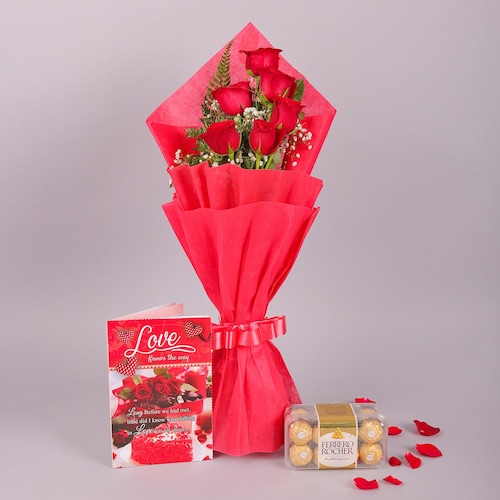 Buy Beautiful Roses Bouquet And Ferrero Rocher Combo