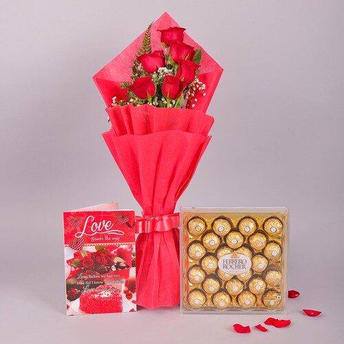 Buy Royal Affair Red Roses Bouquet And Ferrero Rocher Combo