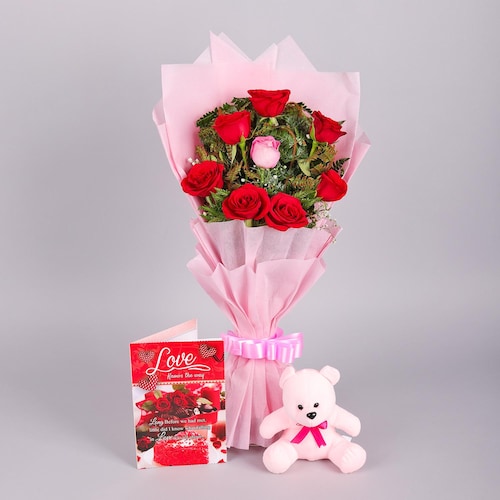 Buy Eternal Love Red Roses Bouquet And Teddy Combo