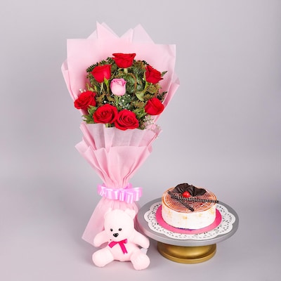 Opulent Red Roses Bouquet And Butterscotch Cake Combo