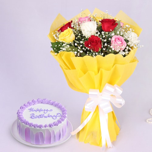 Buy Mixed Rose Bouquet With Vanilla Cake