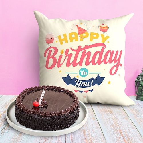 Buy Chocolate Truffle Cake With Birthday Cushion
