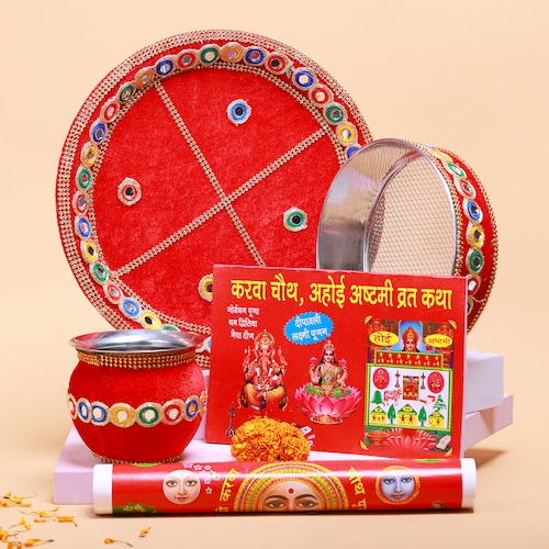 Buy Red Karwa Chauth Thali Katha Set