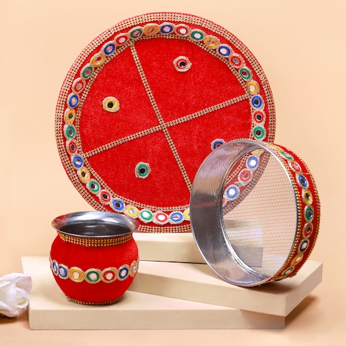 Buy Red Ethnic Karwa Chauth Thali Set